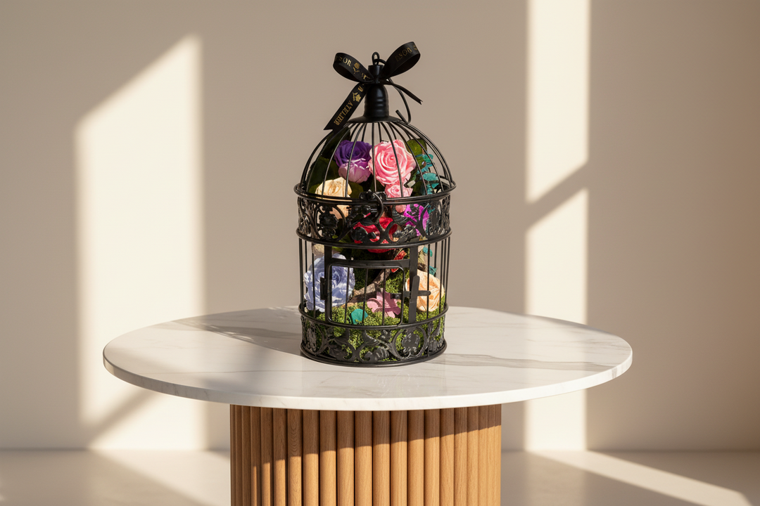 Eternal rose named Roxanne by Esor Atelier, beautifully preserved in a clear glass display.