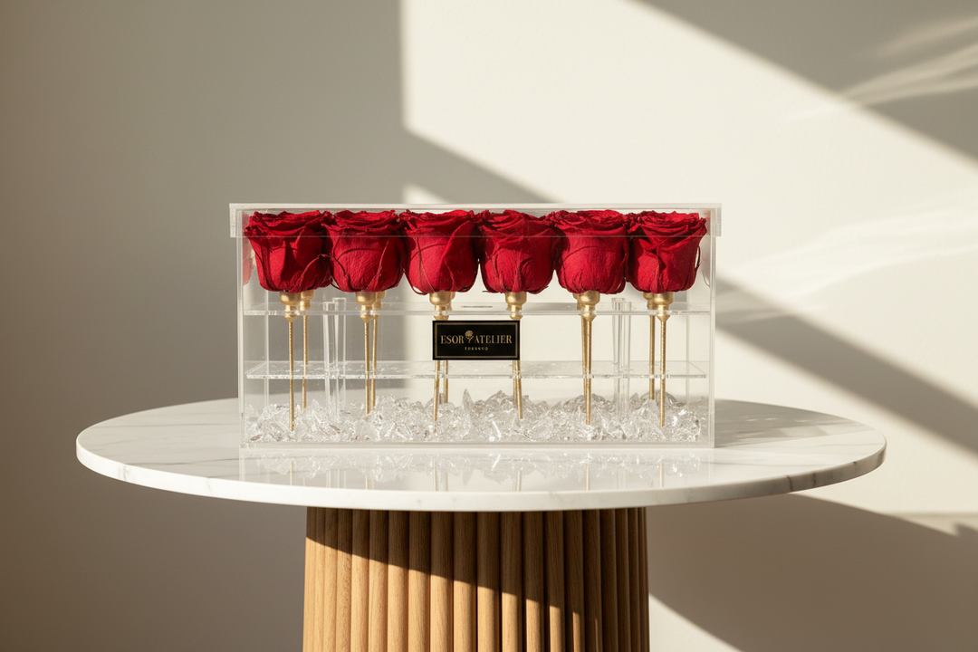 Eternal Rose by Esor Atelier featuring a preserved, vibrant red rose in a clear glass display with elegant packaging.