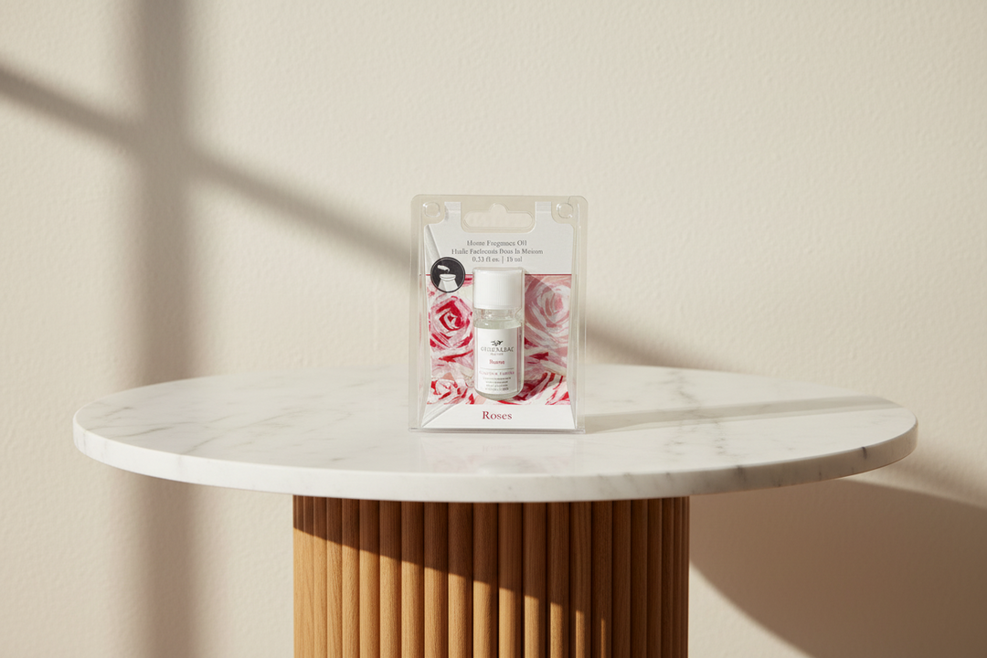 Esor Atelier Greenleaf Rose home fragrance oil bottle with rose-shaped cap and floral label for aromatic home scent.
