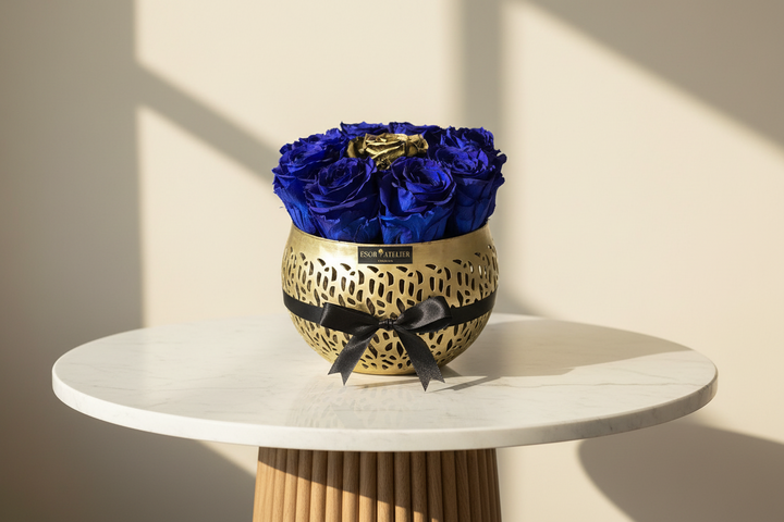 Eternal rose named Midnight Star by ESOR ATELIER, featuring a dark, velvety petal display with a luxurious presentation.
