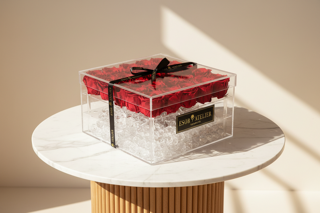 Eternal Luna Rose by Esor Atelier, preserved, vibrant pink flower with delicate petals, showcasing timeless elegance.