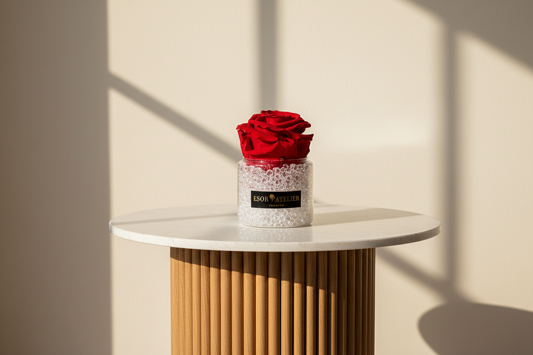 Eternal rose from ESOR ATELIER Pavilion collection, featuring a preserved, vibrant red flower with delicate petals.